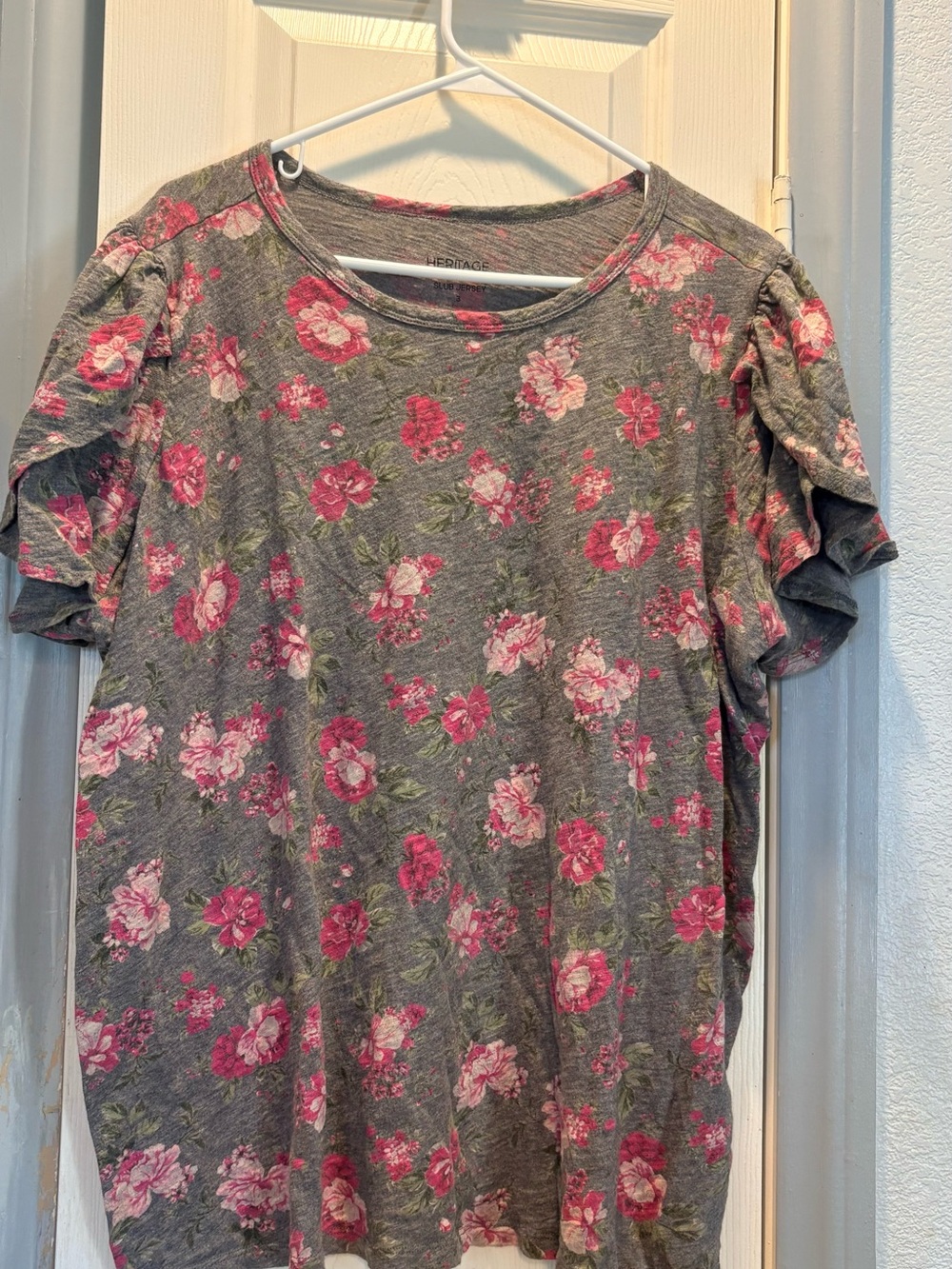 torrid Gray Tee with Pink Rose Print and Ruffle Sleeves